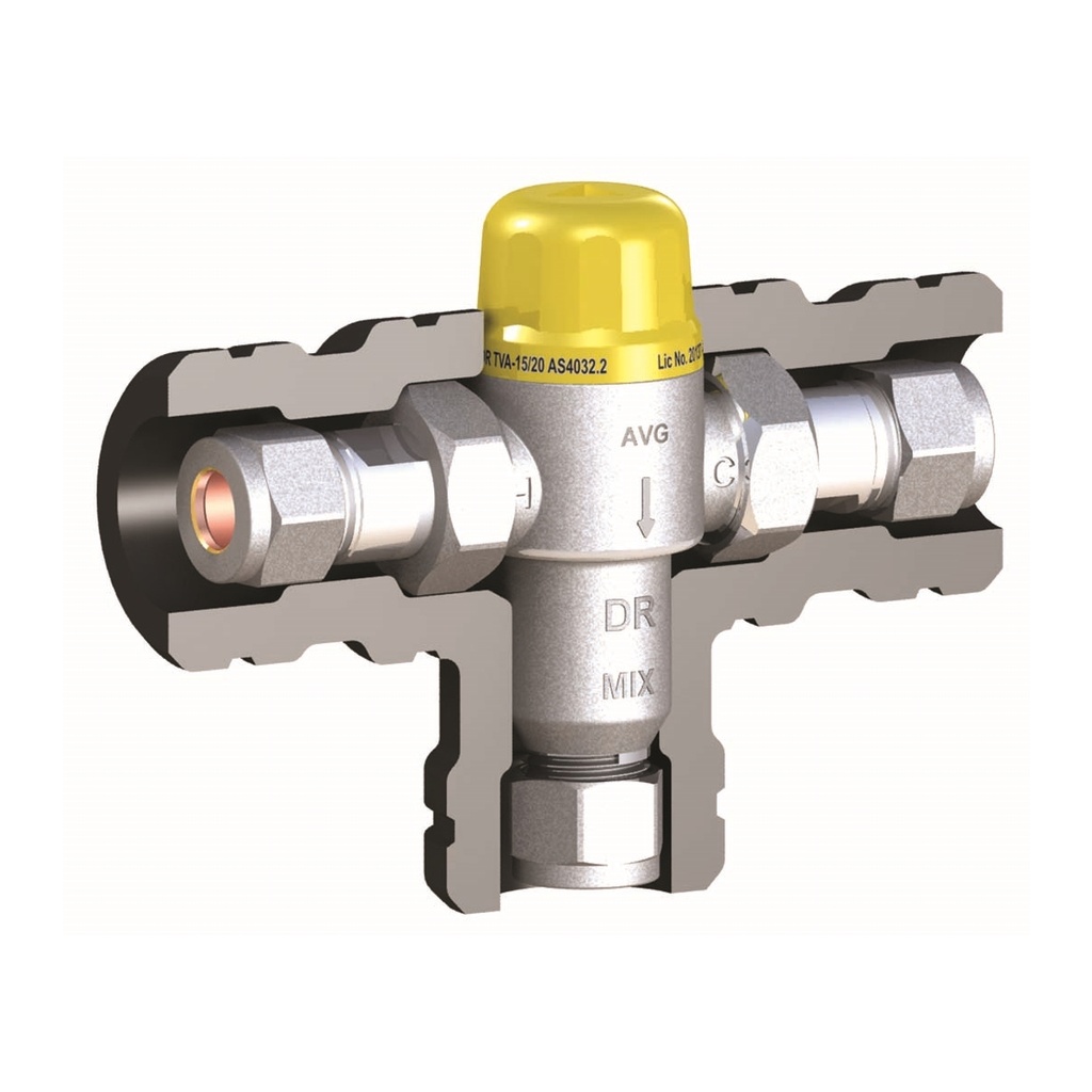 AVG Tempering Valve 15mm Standard Yellow Cap c/w Insulation.