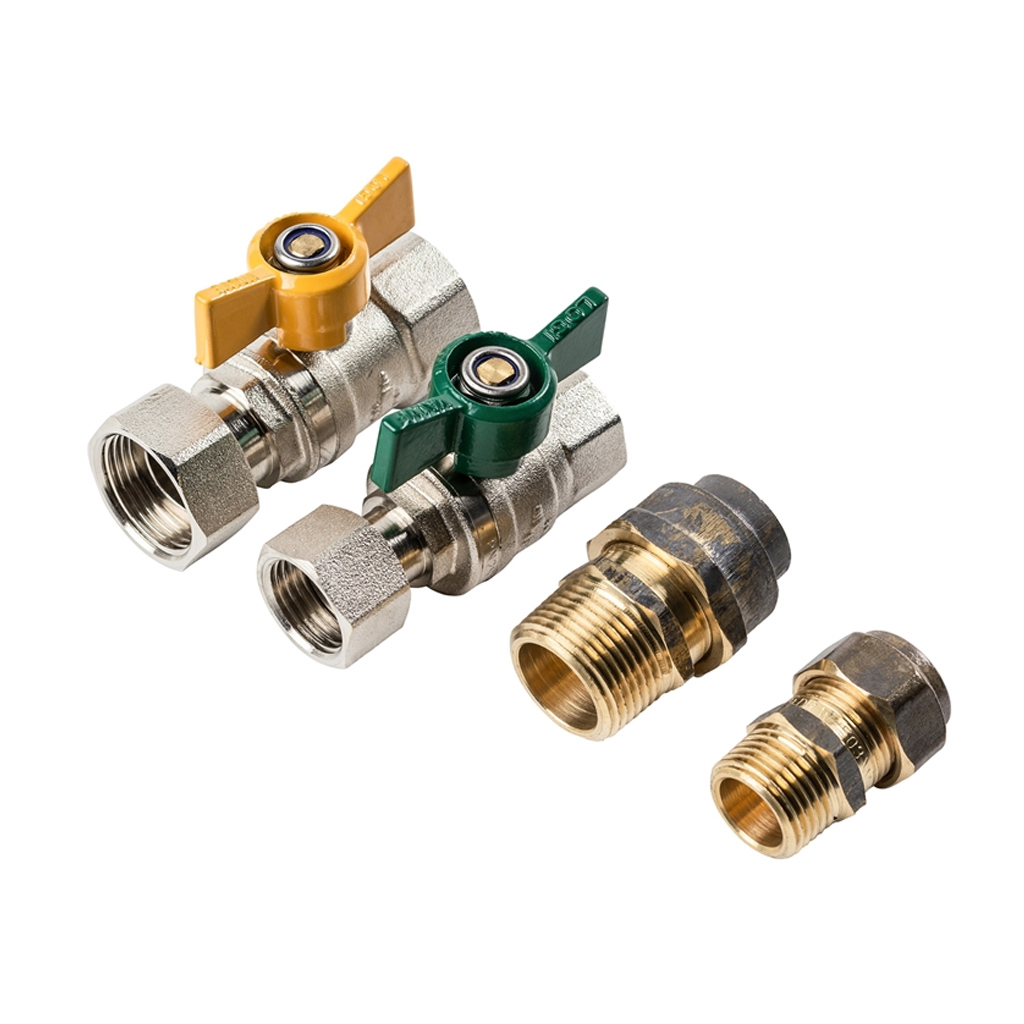 Heater Valve Kit 20mm FI Loose Nut x 20mm Flared Union (Gas) & 15mm Loose Nut x 15mm CU Olive Union (Water)